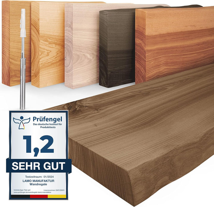 LAMO Manufaktur Wandregal Holz Baumkante | Regal Farbe: Nussbaum | Invisible: Schweberegal | 90 cm I