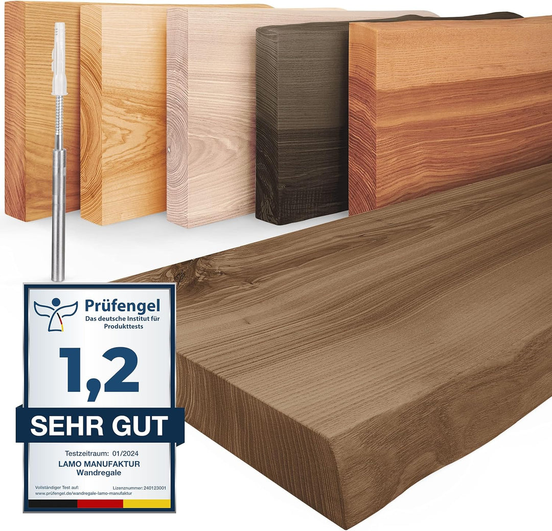 LAMO Manufaktur Wandregal Holz Baumkante | Regal Farbe: Nussbaum | Invisible: Schweberegal | 120 cm