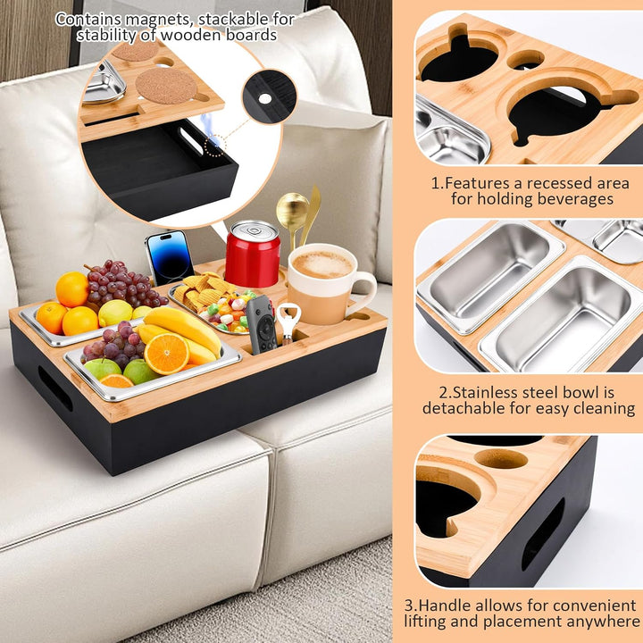 Couchbar Snackbox-Sofatablett Mit 2 Edelstahlschalen &amp; Gewürzschale,Sofa Tablett,Abnehmbarer Magnet-