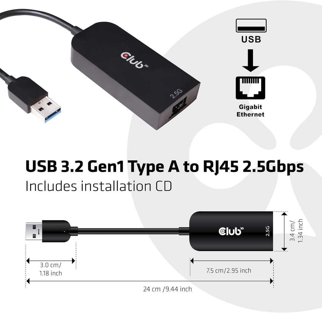 Club 3D USB 3.2 Gen1 Adapter Typ-A zu 2, 5 Gigabit Ethernet ST./BU. schwarz, CAC-1420