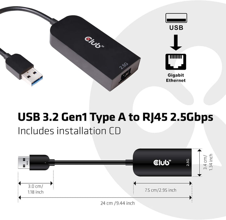Club 3D USB 3.2 Gen1 Adapter Typ-A zu 2, 5 Gigabit Ethernet ST./BU. schwarz, CAC-1420
