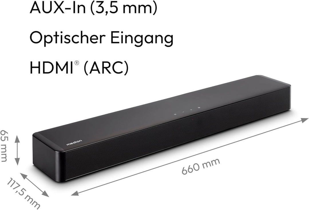 MEDION P61155 2.0 Soundbar mit Bluetooth (inkl. Fernbedienung, Touch-Steuerung, HDMI (ARC), AUX, opt