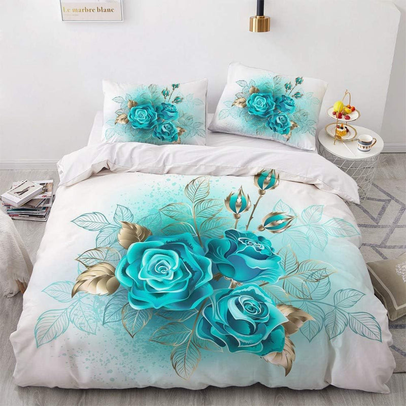 Luowei Bettwäsche Rosen 200x200cm Türkis Blumenmsuter Bettbezug Romantische Floral Microfaser Decken