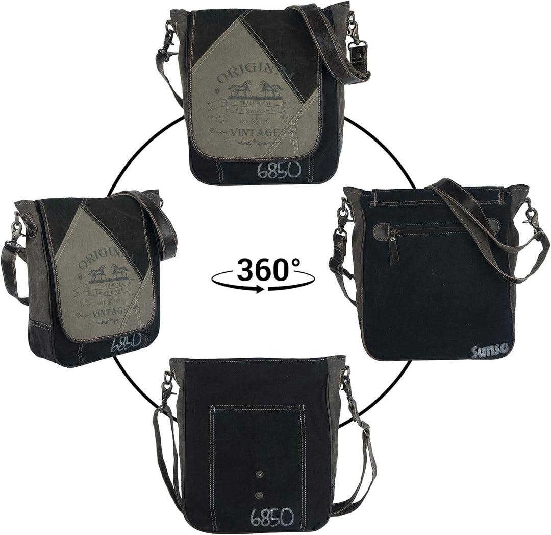 Sunsa Damen/Herren Messenger Tasche. Schwarz/grau Canvas Umhängetasche. Gross Crossover Bag A4 geeig