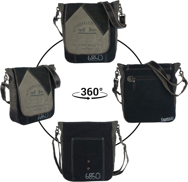 Sunsa Damen/Herren Messenger Tasche. Schwarz/grau Canvas Umhängetasche. Gross Crossover Bag A4 geeig