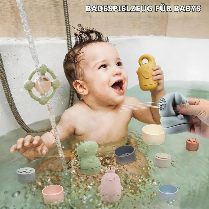 Badespielzeug Baby ab 1 2 3 4 Jahre, Badewannenspielzeug Silikon Wasserspielzeug mit Spritztiere Sta