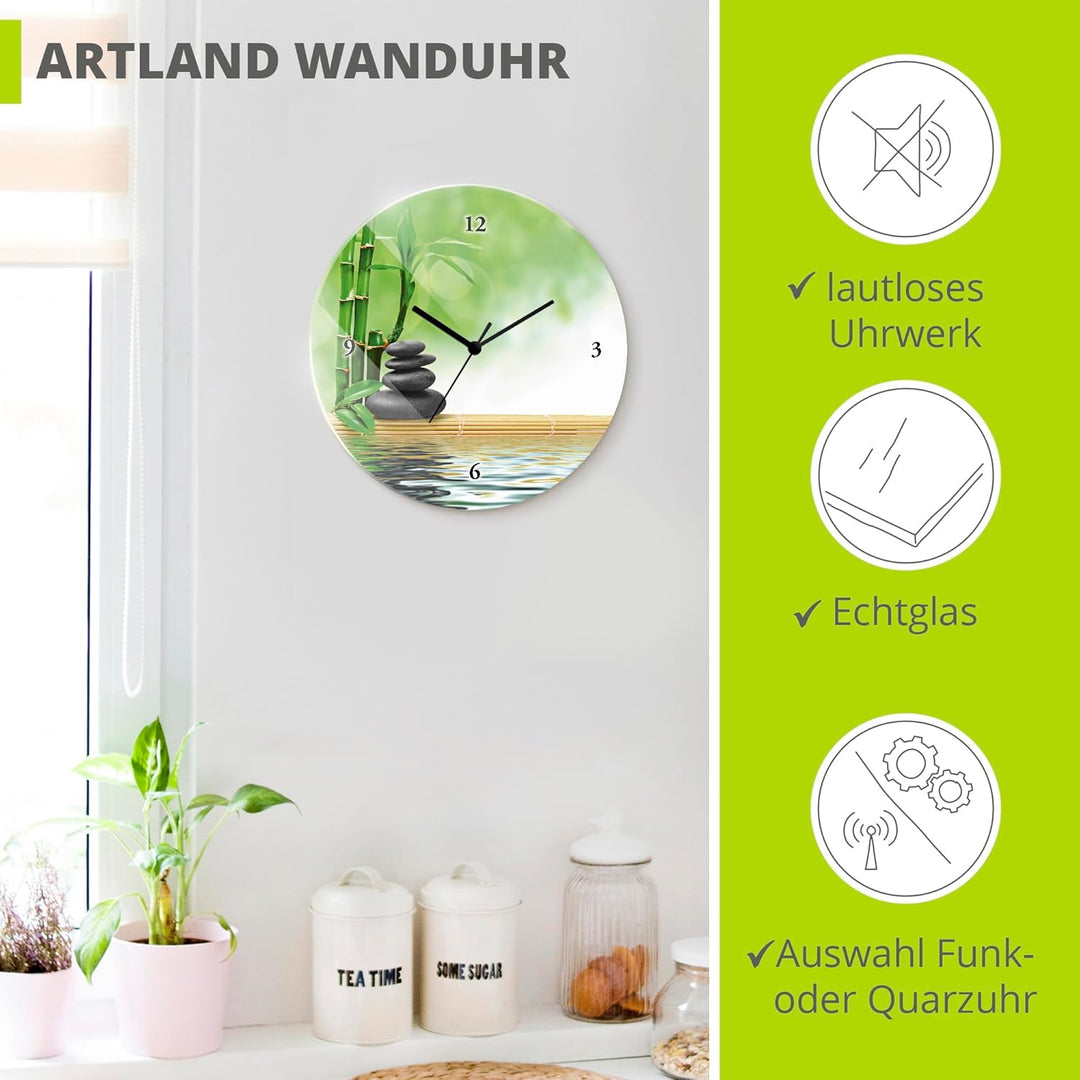 ARTLAND Wanduhr ohne Tickgeräusche Glas Quarzuhr Ø 30 cm Rund Lautlos Zen Asiatisch Spa Steine See Y