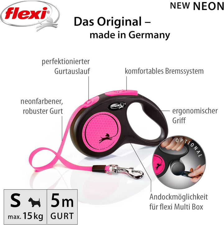 flexi® Neon S Gurt 5 m schwarz/neon-pink, Roll-Leine für Hunde bis 15 kg klein Pink, klein Pink