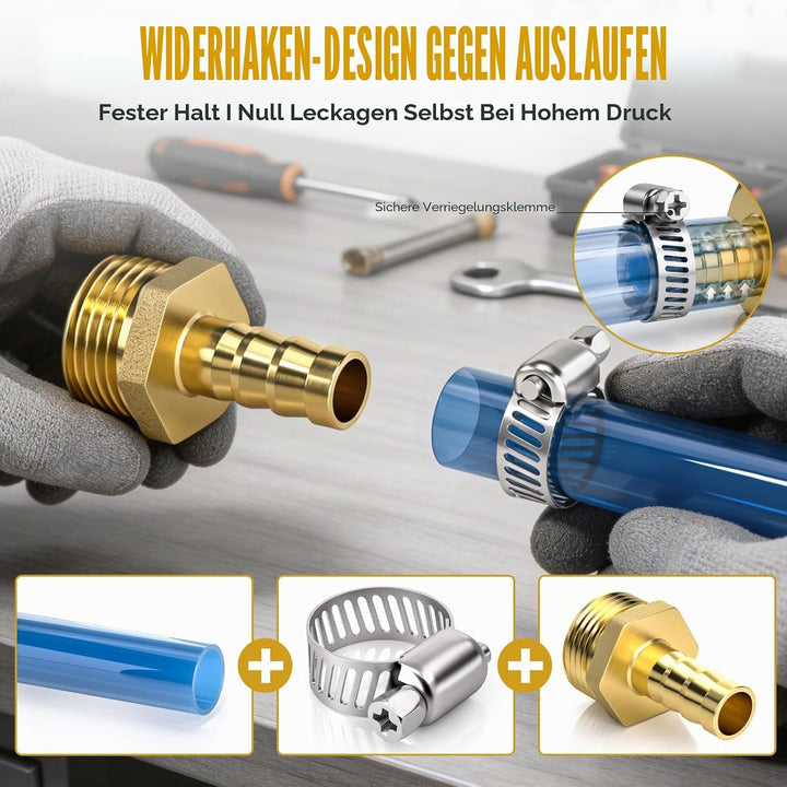 12 Stück Schlauchanschlussstücke, 1/2 Zoll BSP Stecker x 8 mm Schlauchanschluss mit 12 Stück Klemmen