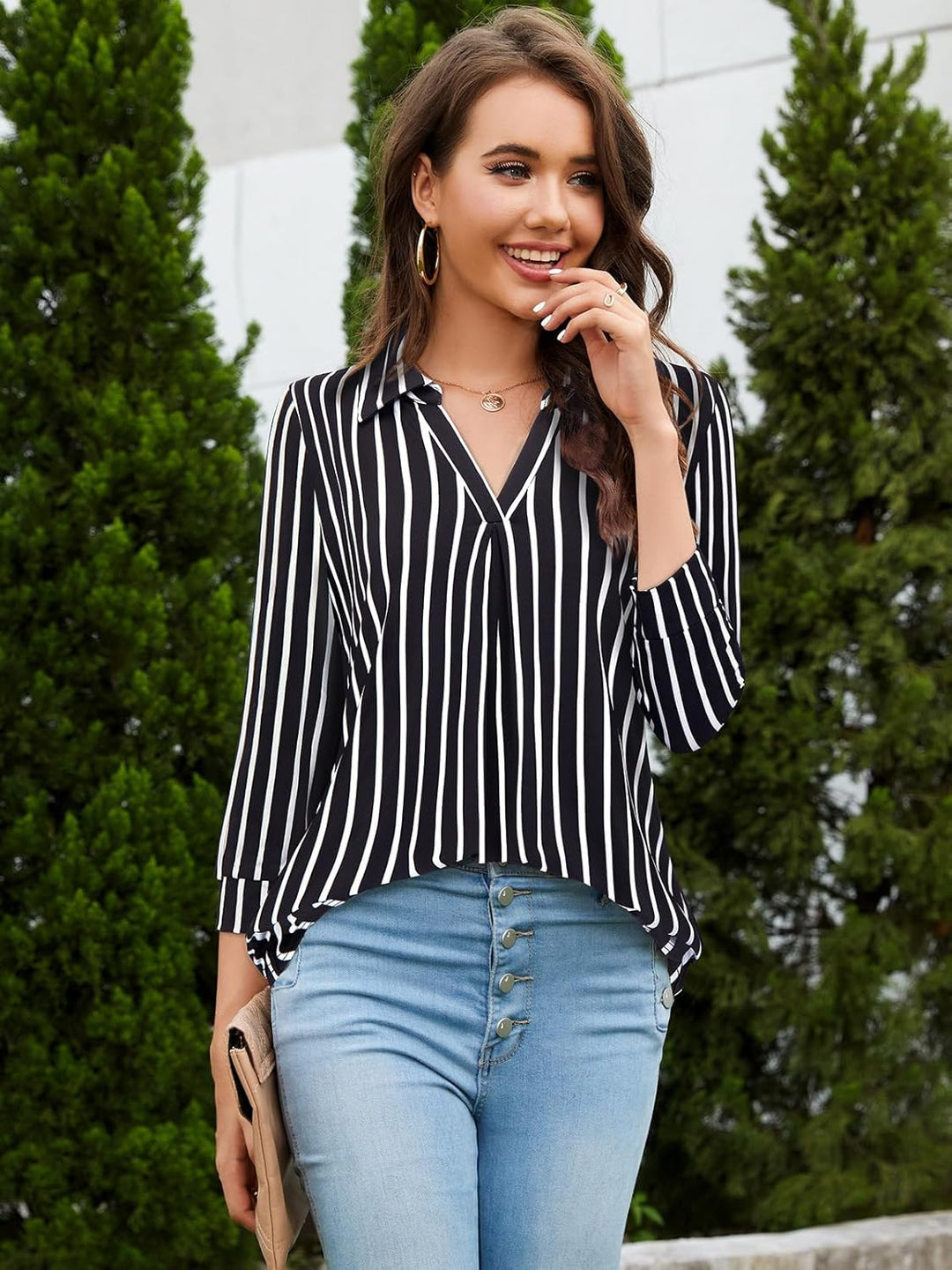 Siddhe Damen V-Ausschnitt Bluse 3/4 Ärmel Oberteile Tunika Tops Locker Longshirt Lässige T-Shirt Lan