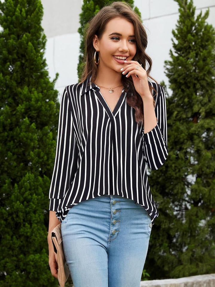 Siddhe Damen V-Ausschnitt Bluse 3/4 Ärmel Oberteile Tunika Tops Locker Longshirt Lässige T-Shirt Lan
