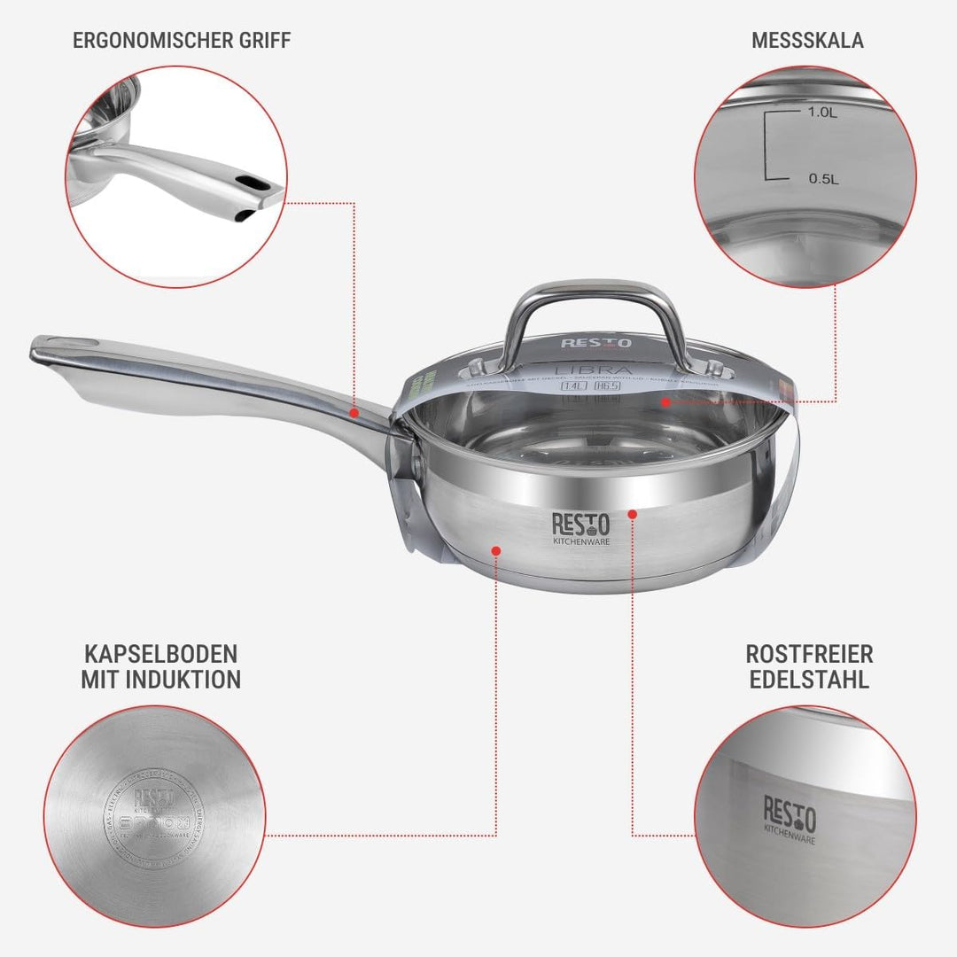 RESTO Kochtopf 1l, Bratentopf 16 cm– Saucepan Stielkasserolle aus Edelstahl mit hitzebeständigem Gla