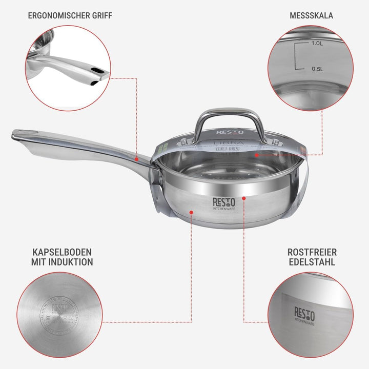RESTO Kochtopf 1l, Bratentopf 16 cm– Saucepan Stielkasserolle aus Edelstahl mit hitzebeständigem Gla