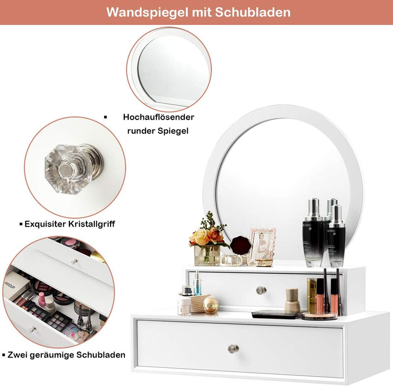 COSTWAY Spiegel mit 2 Schubladen Schminktisch Runder Schminkspiegel Spiegelschrank Frisiertisch Kosm