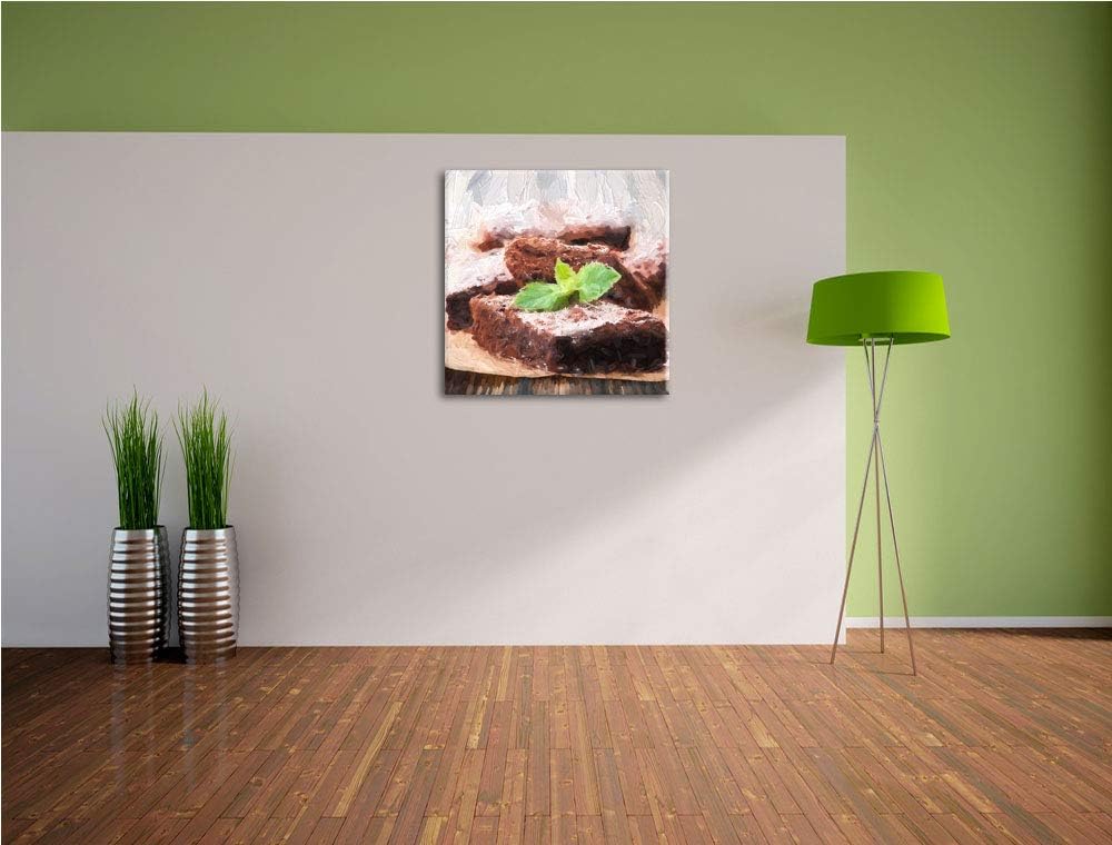 Pixxprint köstlicher Brownie mit Minze als Leinwandbild/Grösse: 70x70 cm/Wandbild/Kunstdruck/fertig