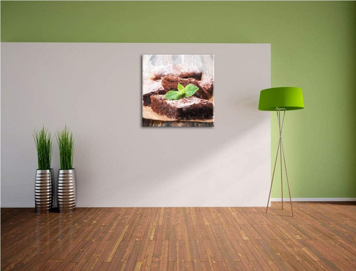 Pixxprint köstlicher Brownie mit Minze als Leinwandbild/Grösse: 70x70 cm/Wandbild/Kunstdruck/fertig