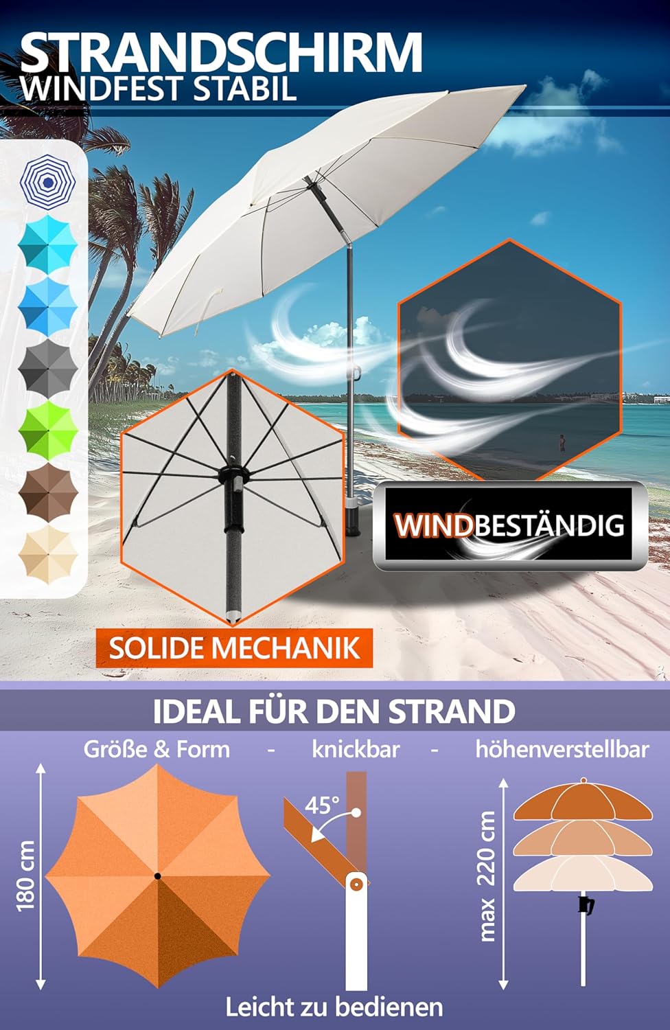 4smile Sonnenschirm Strand SunnyJoy Ø 180 cm, 3-IN-1 Set - UPF 50+ Strandschirm + Sonnenschirm Schut