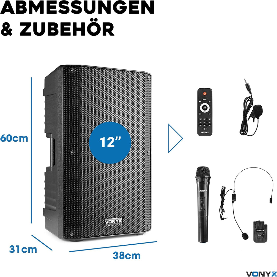 Vonyx VSA500-BP Partybox Bluetooth Lautsprecher Gross, 800 Watt, Akku 8 Std. Headset mit Ansteckmikr
