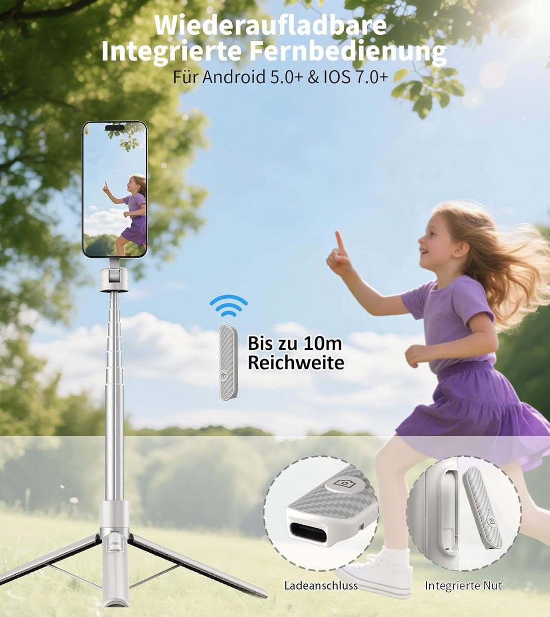TONEOF 173cm Magnetisches Selfie Stick Stativ,Stark Magnetischer Aluminium Handyhalter, 360° Drehbar