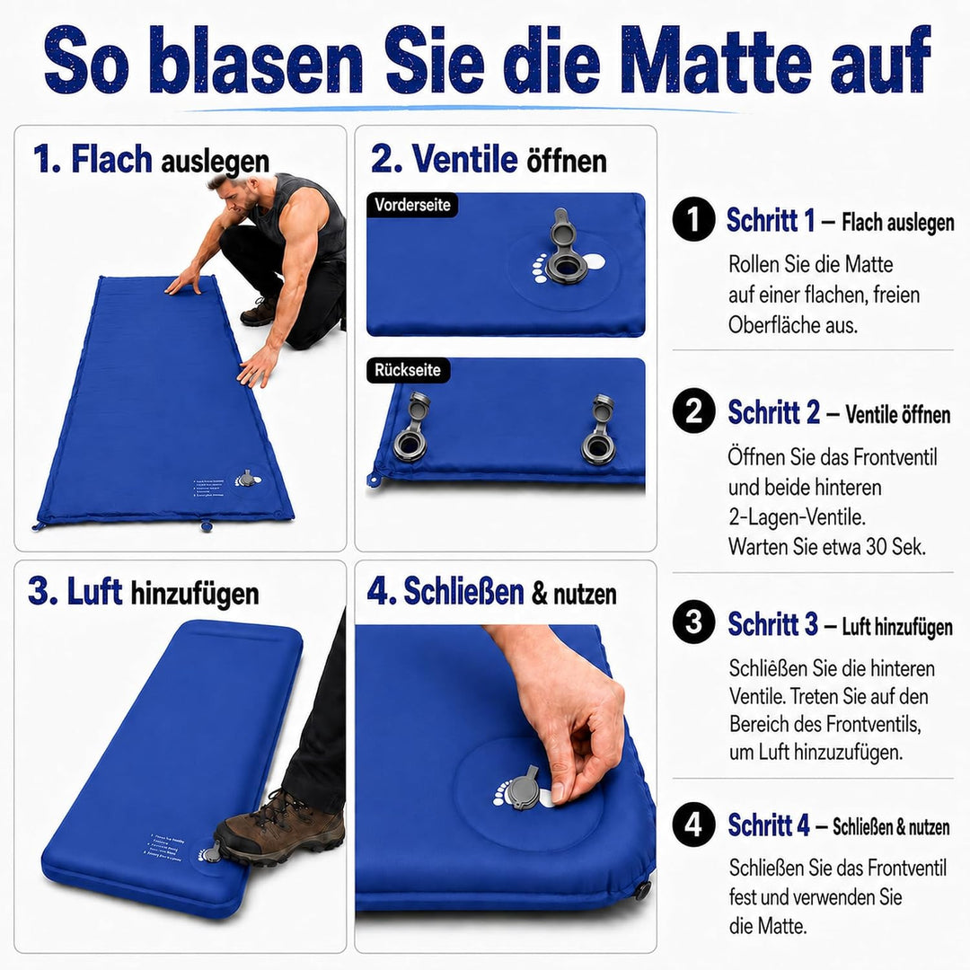 ROAM Savage Selbstaufblasende Camping-Isomatte, 7 cm Schlafmatte mit Kopfkissen, R-Wert 8,0 Isolieru