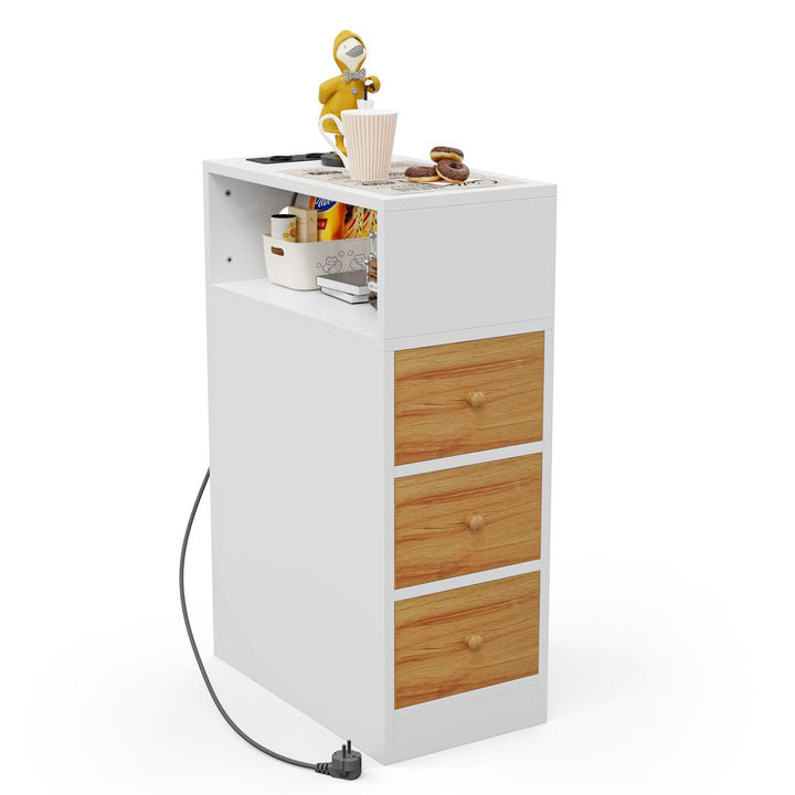 PIPIPOXER Nachttisch schmal, Nachttisch mit Steckdose & USB, Nachtschrank mit 3 Schublade, 1 Offenen