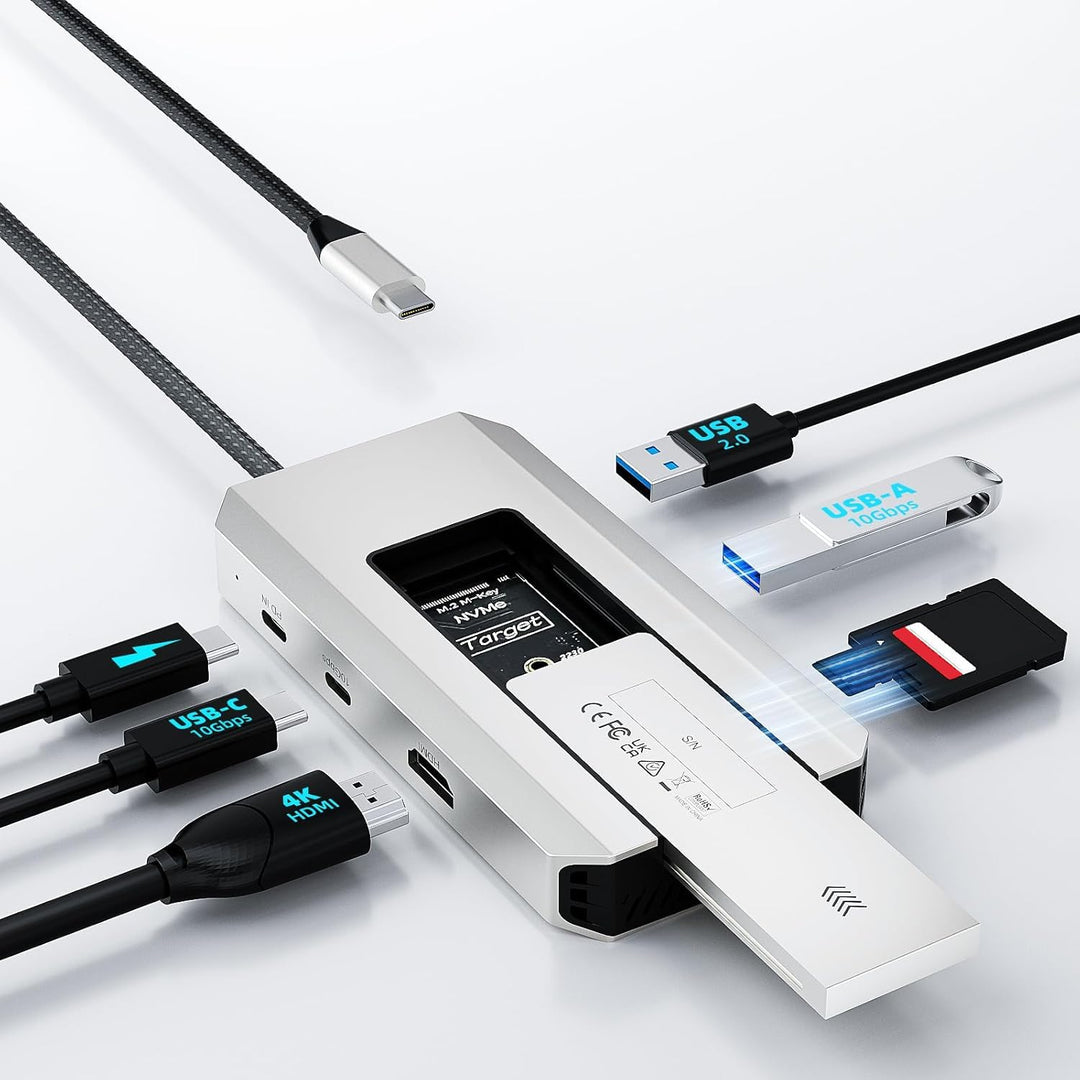 WAVLINK USB-C-Hub, 10-Gbit/s USB-C-Hub mit M.2 PCIe/SATA SSD-Anschluss, HDMI, 100-W-PD, USB-A&C 3.2/