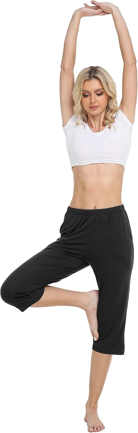 MoFiz Damen Schlafanzughose 3/4 Lang Schlafhose Modal Nachtwäsche Weich Pyjamahose Freizeithose mit