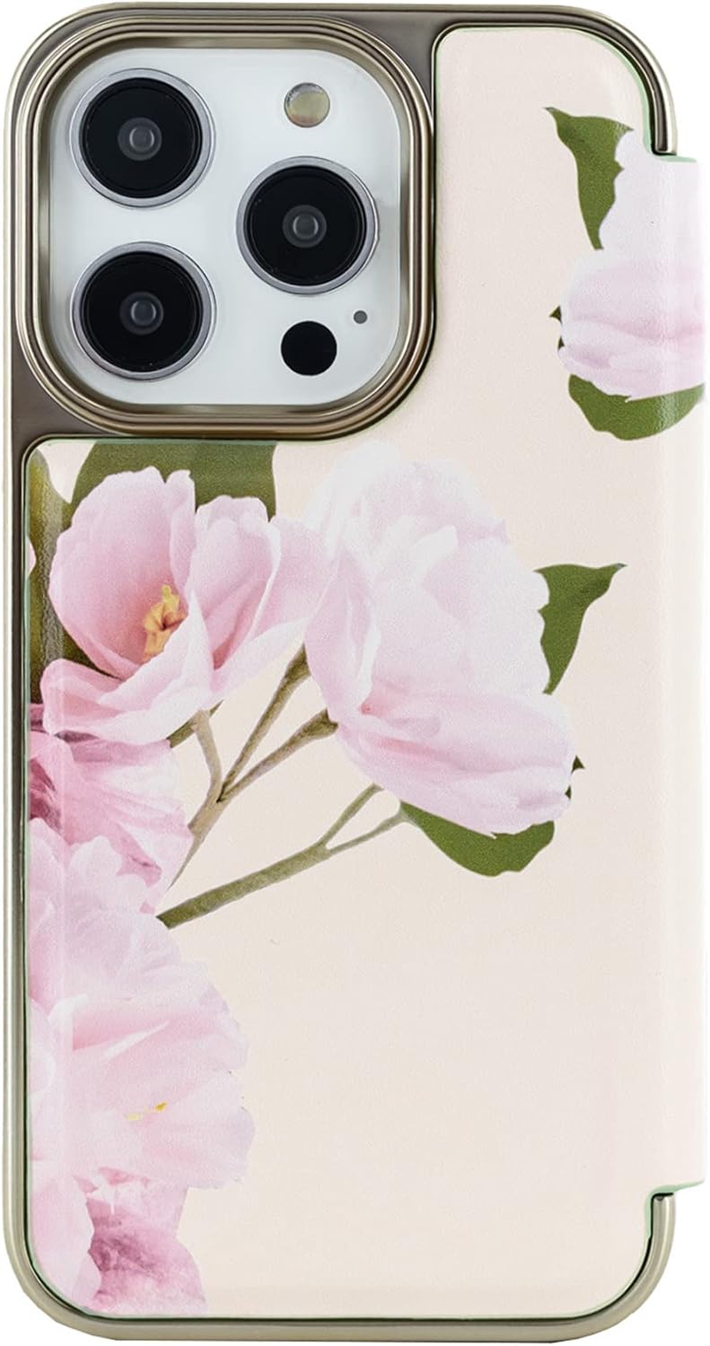Ted Baker LIRION Cream Flower Placement Mirror Folio Phone Case for iPhone 14 Pro Green Gold Shell,