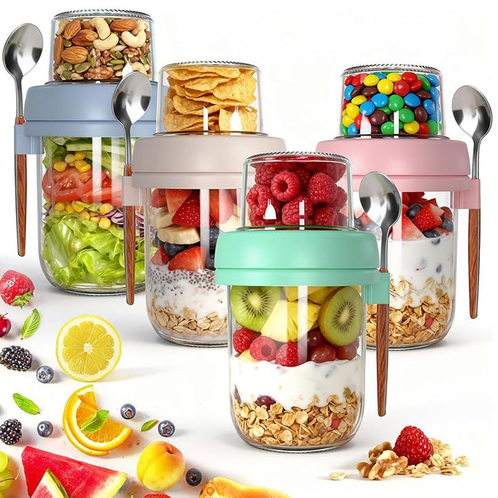 Müslibecher to Go 480ml+120ml, Overnight Oats Glas mit Deckel, Joghurtbecher to Go mit Trocken und N