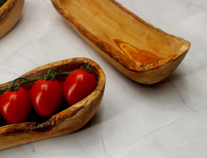 DAGDEG Brotschale aus Olivenholz 30 cm – rustikale Obstschale Holz länglich – Handmade Baguette Scha
