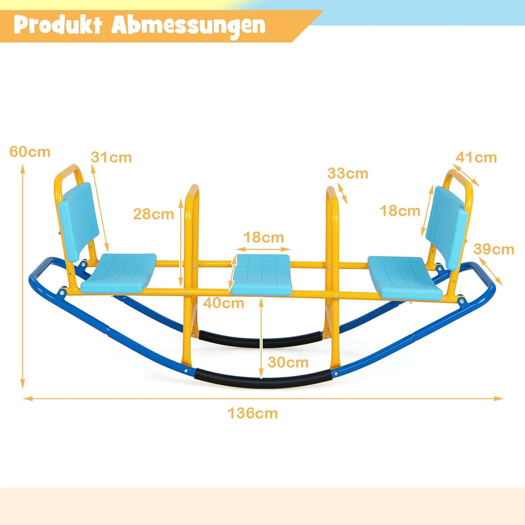 DREAMADE 3 Sitzer Kinder Wippe mit Rückenlehnen und Griffe, Schaukelwippe Metall 136x60x39cm, Karuss