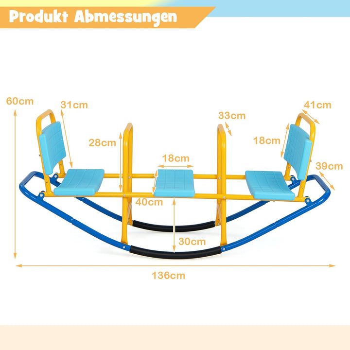 DREAMADE 3 Sitzer Kinder Wippe mit Rückenlehnen und Griffe, Schaukelwippe Metall 136x60x39cm, Karuss