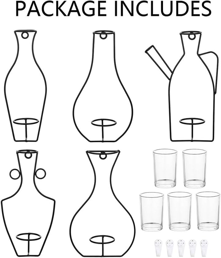 NUPTIO Satz von 5 Wandbehang Pflanzgefässe mit Glasbecher Vasen, Eisen Metallständer für Wasser Pfla