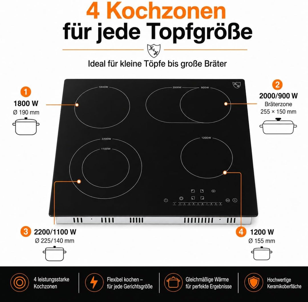 K&H® 4 Zonen Glaskeramikkochfeld 59cm Elektro Autark Eingebaut NC-7206