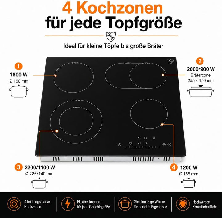 K&H® 4 Zonen Glaskeramikkochfeld 59cm Elektro Autark Eingebaut NC-7206
