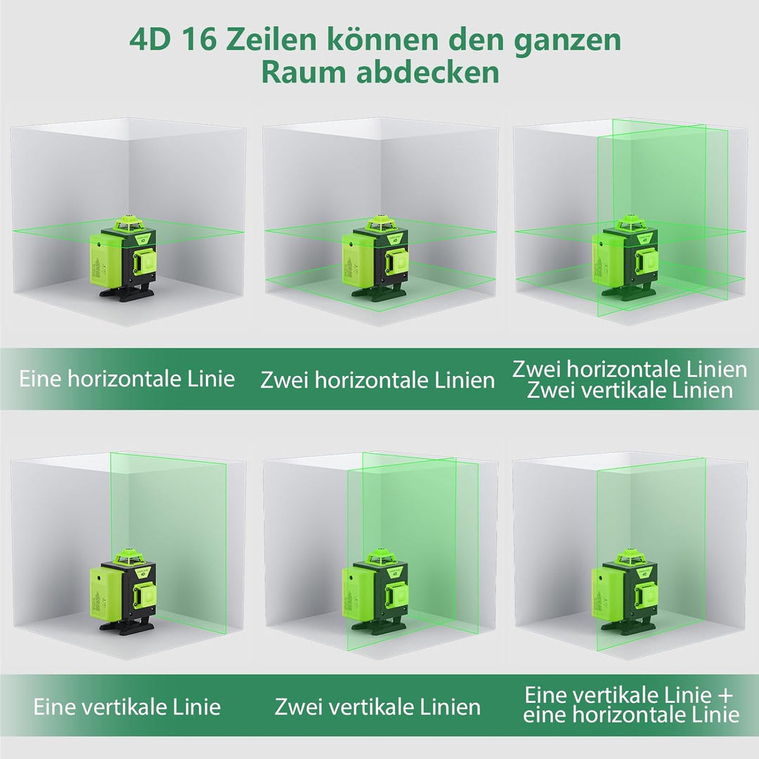 Kreuzlinienlaser, 4D 16 Linien, 4x360° Grün Selbstnivellierend Laser Wasserwaage, für Bauarbeiten un