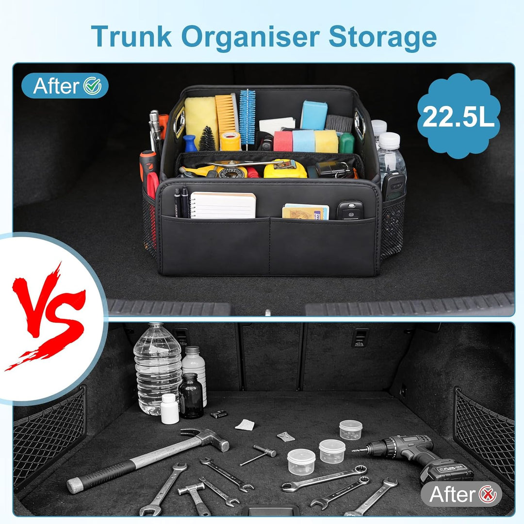 Kofferraum Organizer, Faltbar Auto Organizer mit Metallgriffen, Leder Kofferraumtasche mit Abnehmbar