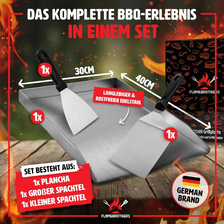 Plancha Grillplatte - All In Grillzubehör Set mit Grillspachtel & Grillschaber - 4mm rostfreier Edel