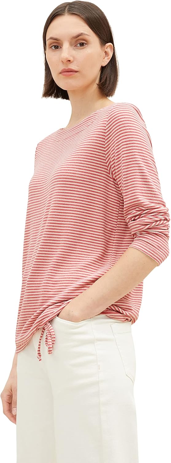 TOM TAILOR Damen Basic Langarmshirt mit Kordelzug XS 31475 - Pink Beige Stripe, XS 31475 - Pink Beig