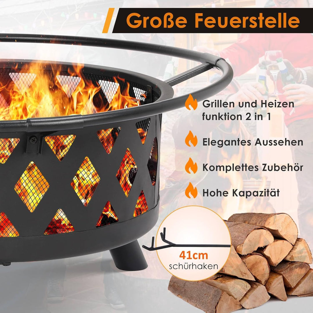 Feuerschale, Ø 76cm Feuerkorb mit Funkenschutz und Schürhaken, Feuerschalen für den Garten Gross, Fe