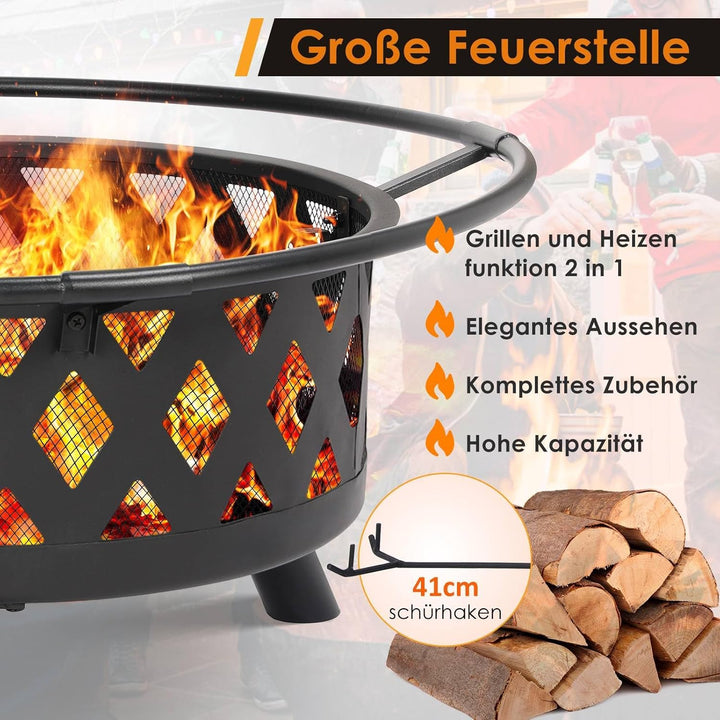 Feuerschale, Ø 76cm Feuerkorb mit Funkenschutz und Schürhaken, Feuerschalen für den Garten Gross, Fe