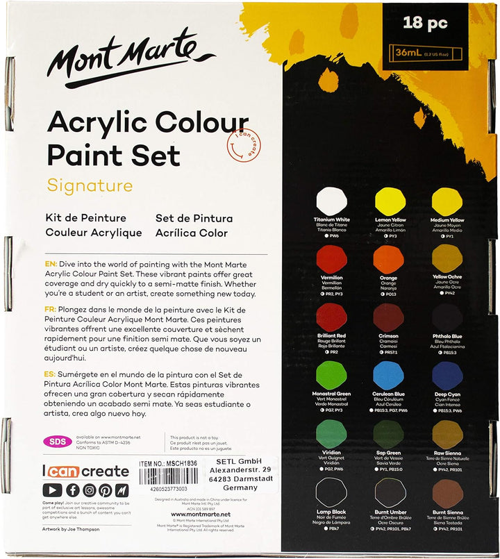 Mont Marte Acrylfarben Set Premium – 18 x 36ml – Ideal für Acrylmalerei – Brillante Lichtechte Farbe