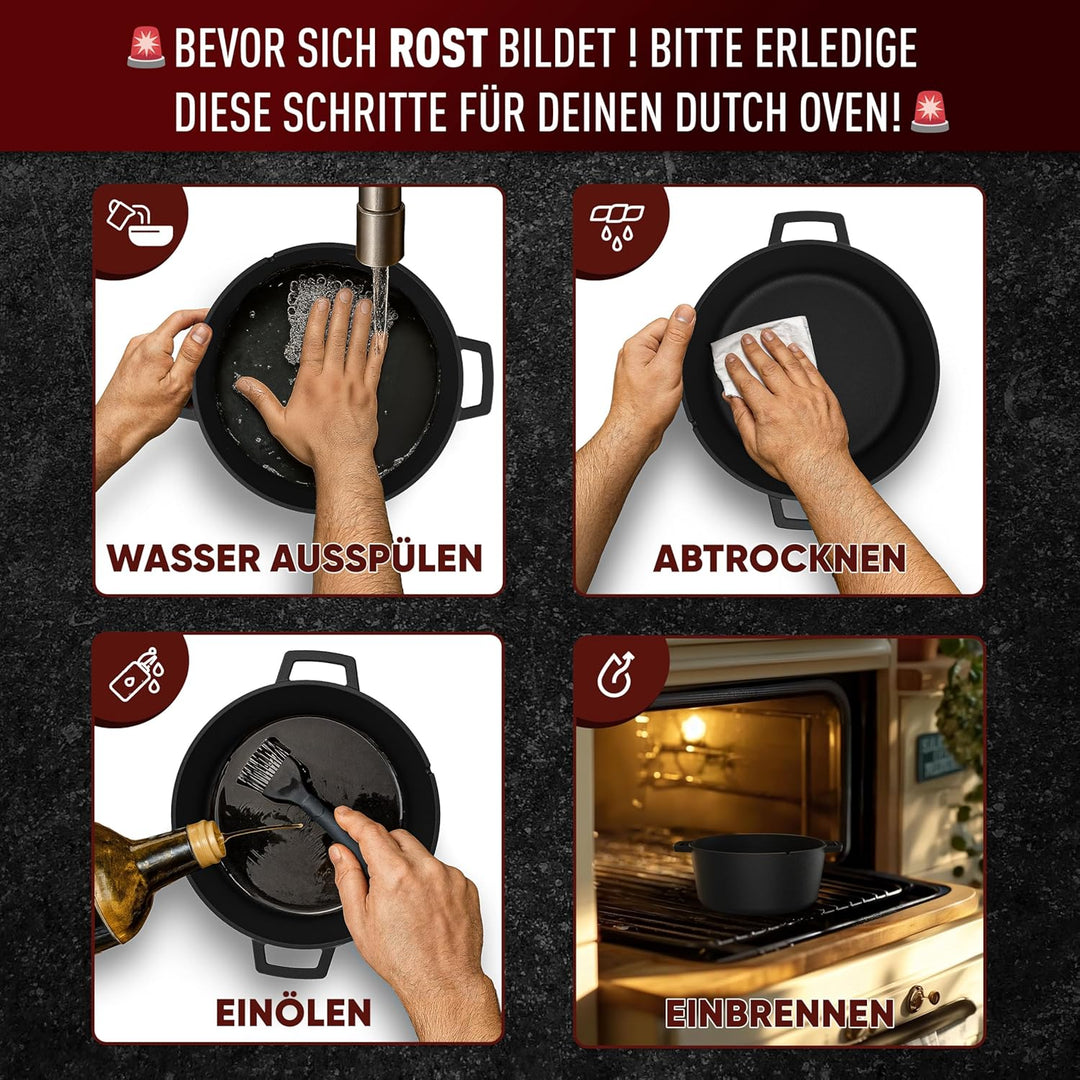 GUSSKÖNIG Dutch Oven - 2in1 Eingebrannter Gusseisen Topf 4,8L & Gusspfanne 1,8L - Dutch Oven Set mit