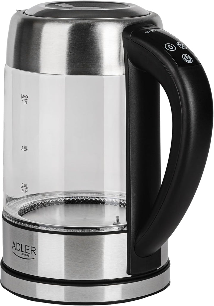 Adler AD 1247 Wasserkocher aus Edelstahl und Glas, 1,7L, 2200 W, digitaler Glaswasserkocher mit Temp