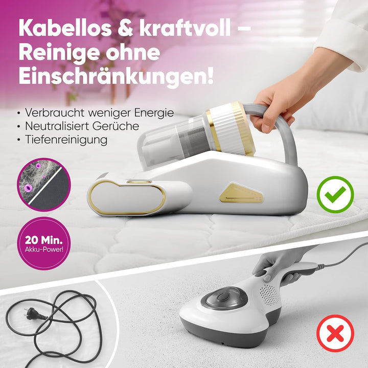 Milbensauger für Matratzen UV-Licht 99,9% Milbenentfernung 10.000Pa Kabellos, 3500 mAh Akku, Warmluf