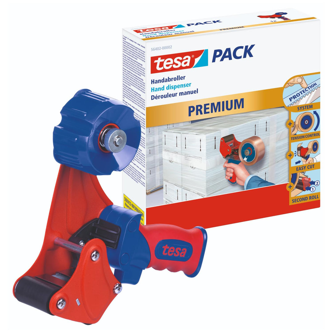 tesa Handabroller PREMIUM - professioneller, robuster Abroller für Klebebänder - für Paketbänder mit
