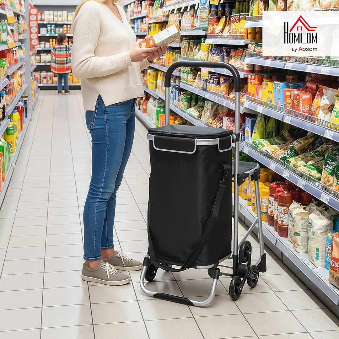 HOMCOM 3-in-1 Einkaufstrolley klappbar mit 40L Kapazität, klappbar Sitz, Trolley bis 25kg belastbar
