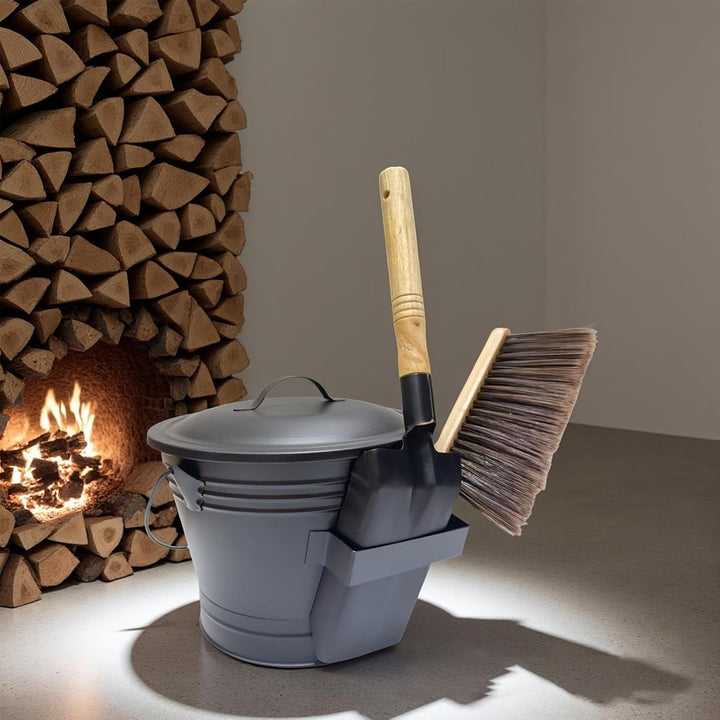 Ascheeimer Mit Deckel, Holzkohle Kohleeimer Set Mit Schaufel Und Handbesen, Runder Kohleeimer Für Ka