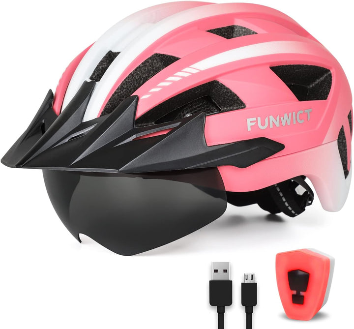 FUNWICT Fahrradhelm mit Visier für Herren Damen, Leichte Fahrradhelm mit Magnetischem Brille und USB