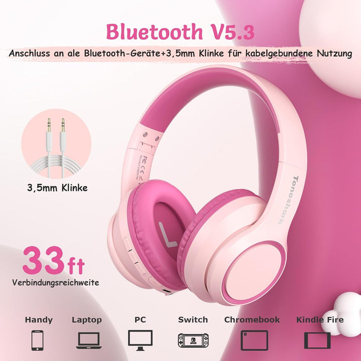 TONOSHARK Noise Cancelling Kopfhoerer Kinder | 60h Spielzeit | Kopfhörer Kabellos Bluetooth Kinder,